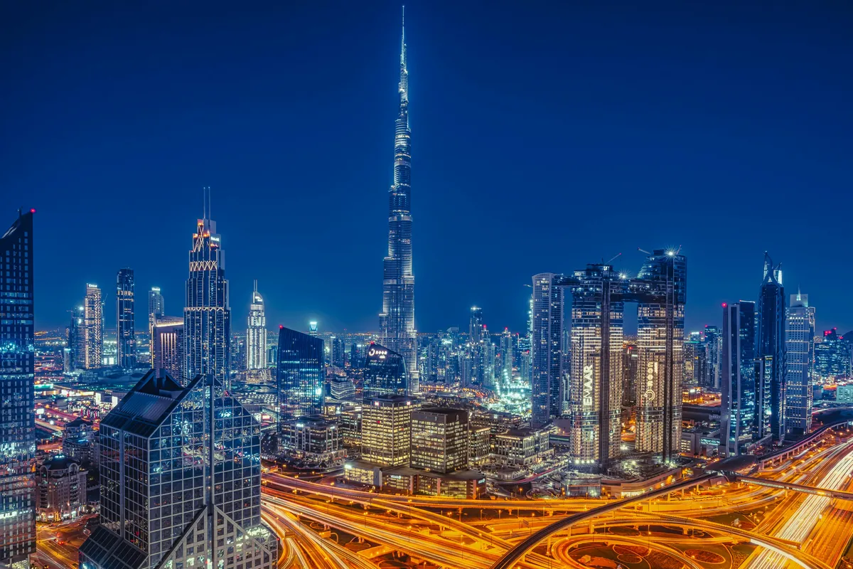 Burj Khalifa above Downtown Dubai at night
